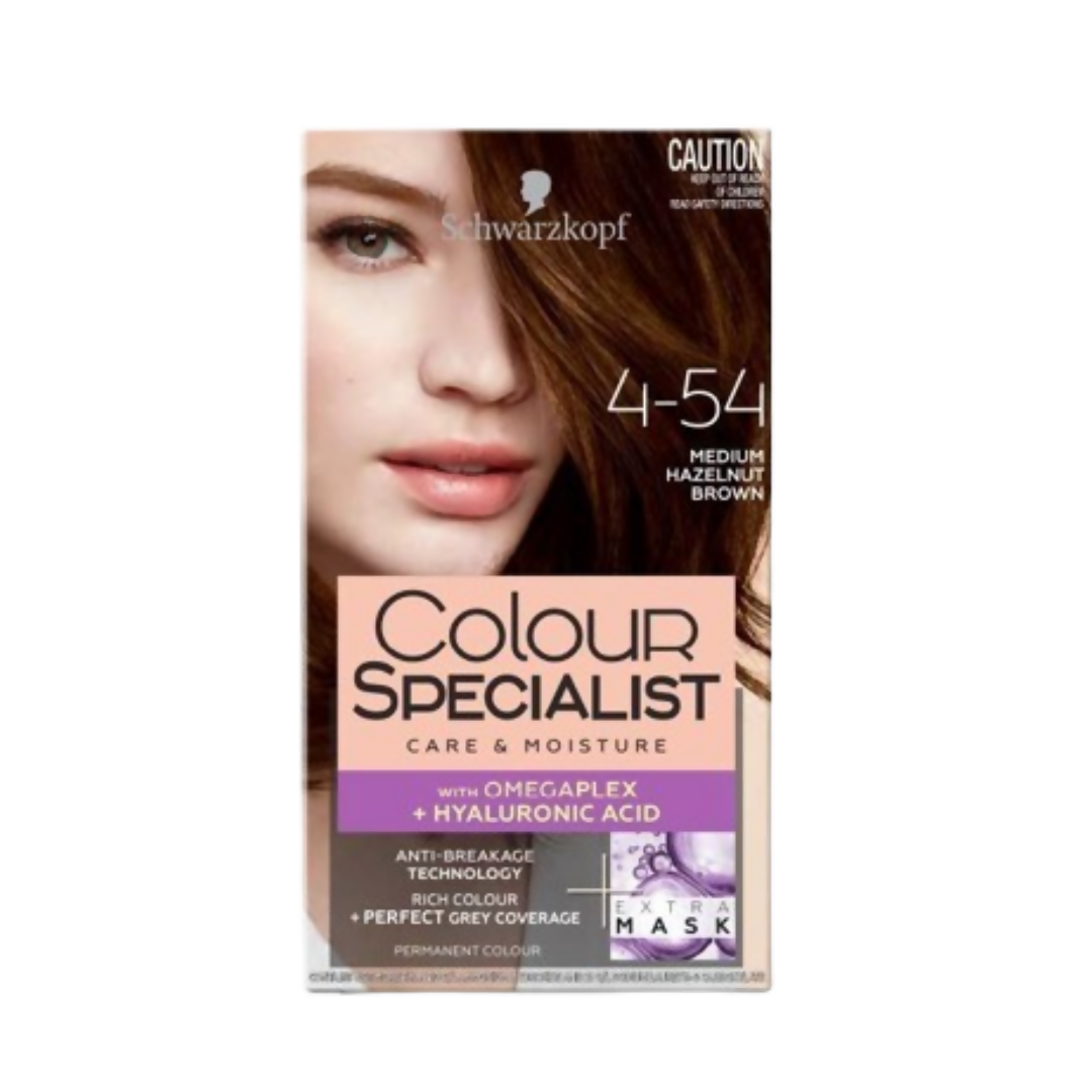 Schwarzkopf Colour Specialist permanent hair color in 4.54 Medium Hazelnut Brown, showing the developed hair color and packaging.