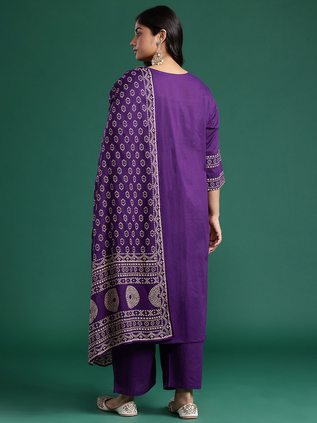 Indyancart Women's Ethnic Motifs Print Mirror Work Pure Cotton Kurta with Palazzos & Dupatta