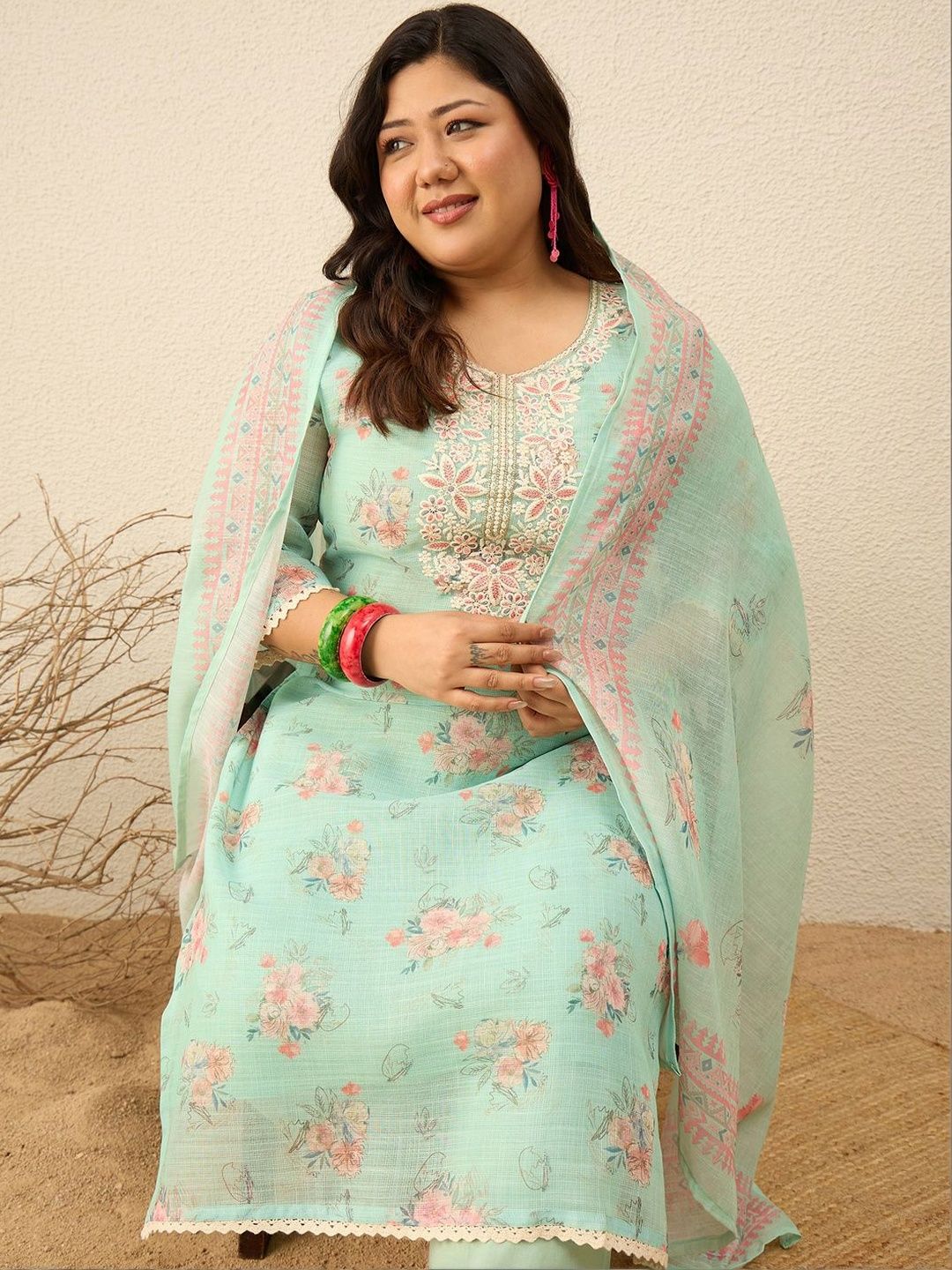 Indyancart Women's Floral Printed Regular Thread Work Kurta with Trousers & With Dupatta