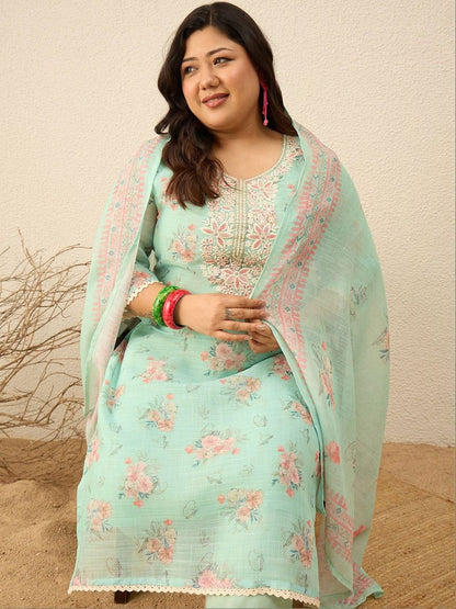Indyancart Women's Floral Printed Regular Thread Work Kurta with Trousers & With Dupatta