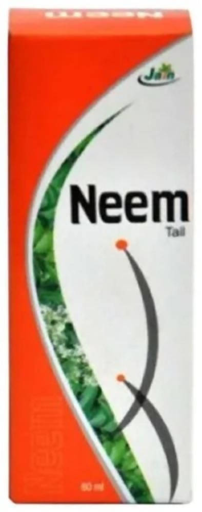 Sri Jain Ayurvedic Pharmacy Jain Neem Tail essential oil bottle with dropper, showcasing clear glass and neem oil inside.