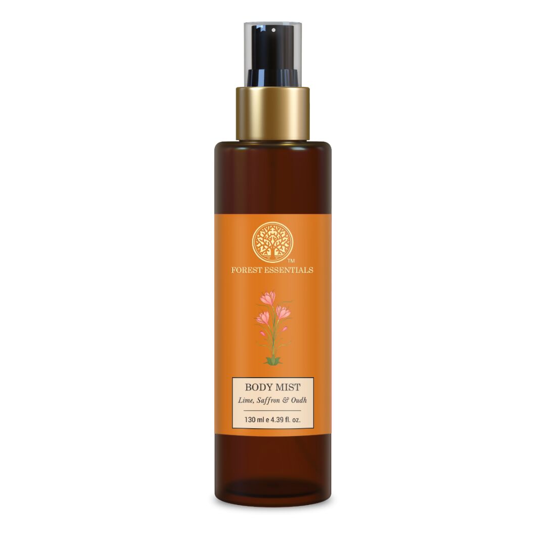Forest Essentials Lime Saffron & Oudh scented body mist bottle with elegant design, showcasing a luxurious, refreshing fragrance.