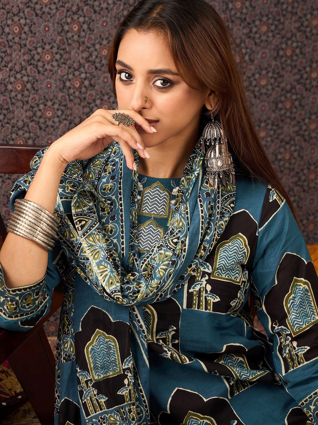 Women Ethnic Motifs Printed Regular Pure Cotton Kurta Set With Dupatta