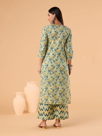 Indyancart RV Women's Jaipuri Floral print straight side slit Kurta Plazzo Set with Dupatta