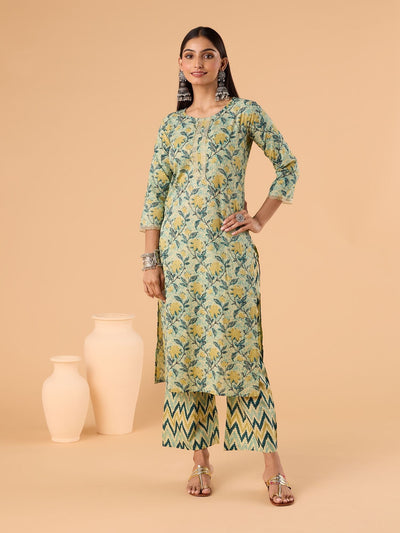 Indyancart RV Women's Jaipuri Floral print straight side slit Kurta Plazzo Set with Dupatta
