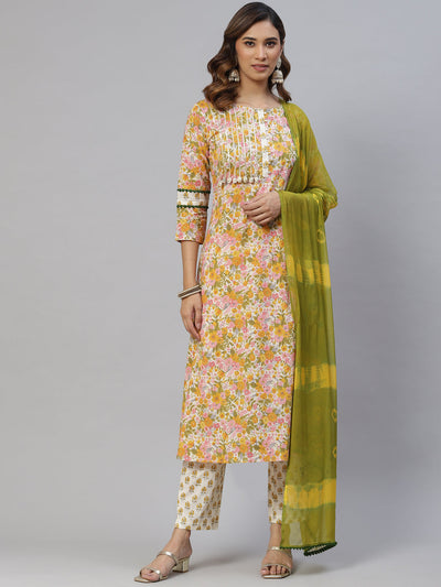 Indyancart RV Women's Jaipuri Straight Side Slit Kurta Set With Dupatta
