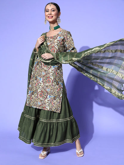 Indyancart RV Women's Kalamkari Print Straight Side Slit Kurta Sharara With Dupatta