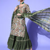 Indyancart RV Women's Kalamkari Print Straight Side Slit Kurta Sharara With Dupatta