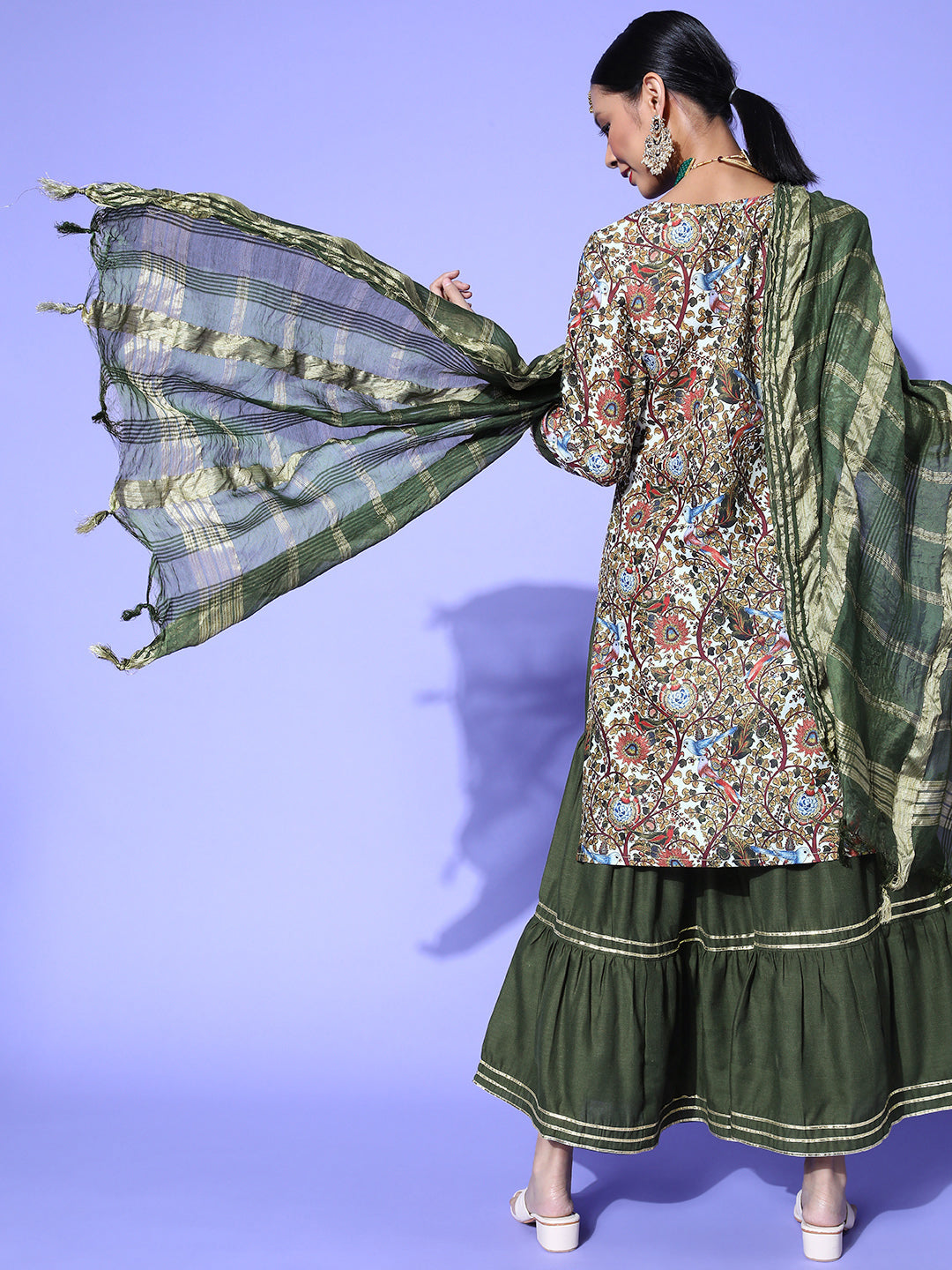 Indyancart RV Women's Kalamkari Print Straight Side Slit Kurta Sharara With Dupatta