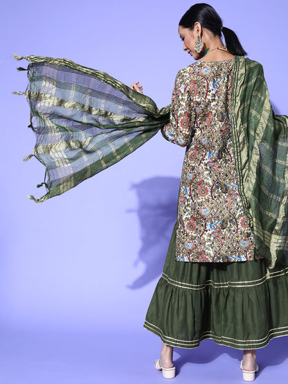 Indyancart RV Women's Kalamkari Print Straight Side Slit Kurta Sharara With Dupatta