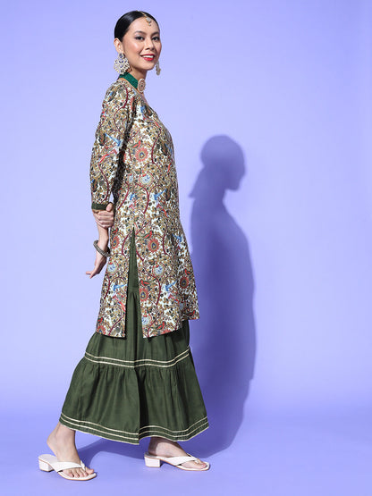Indyancart RV Women's Kalamkari Print Straight Side Slit Kurta Sharara With Dupatta