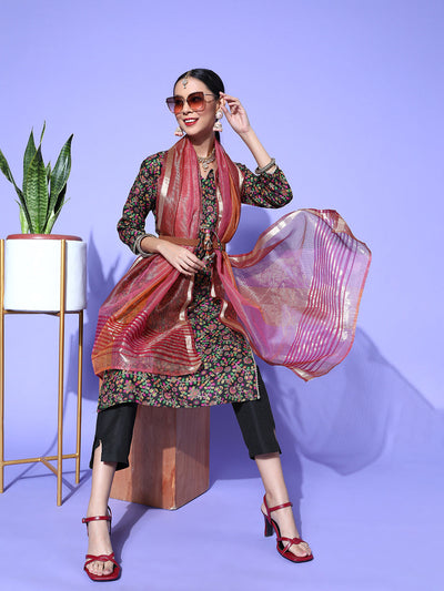 Indyancart RV Women's Kalamkari Print Straight Side Slit Kurta Pant With Organza Dupatta