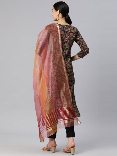 Indyancart RV Women's Kalamkari Print Straight Side Slit Kurta Pant With Organza Dupatta