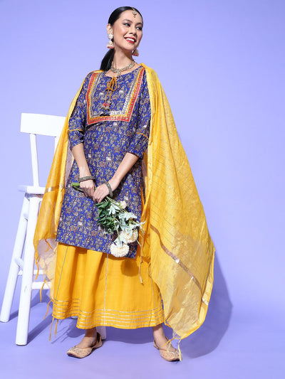 Indyancart RV Women's Kalamkari Print Straight Side Slit Kurta Skirt With Dupatta