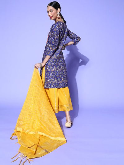 Indyancart RV Women's Kalamkari Print Straight Side Slit Kurta Skirt With Dupatta