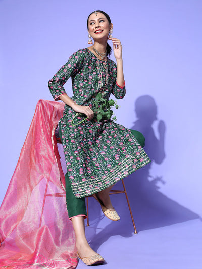 Indyancart RV Women's Kalamkari Print Straight Side Slit Kurta Pant Set With Organza Dupatta