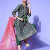 Dhiyona RV Women's Kalamkari Print Straight Side Slit Kurta Pant Set With Organza Dupatta