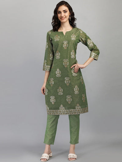 Indyancart RV Women's Chanderi Printed Top With Staright Chanderi Silk Pant