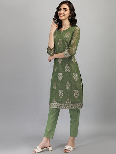 Indyancart RV Women's Chanderi Printed Top With Staright Chanderi Silk Pant