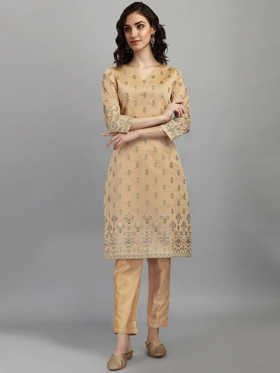 Indyancart RV Women's Chanderi Printed Top With Staright Chanderi Silk Pant