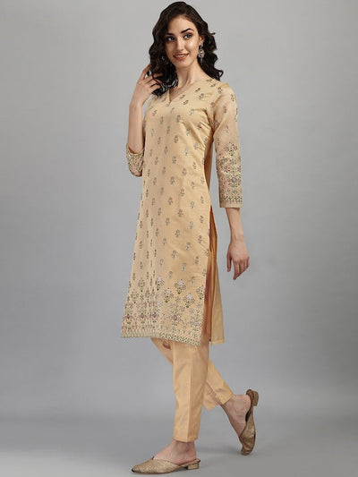 Indyancart RV Women's Chanderi Printed Top With Staright Chanderi Silk Pant