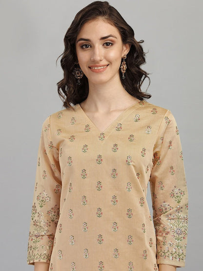 Dhiyona RV Women's Chanderi Printed Top With Staright Chanderi Silk Pant