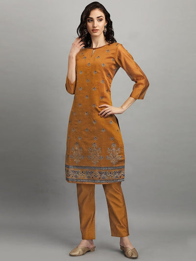 Indyancart RV Women's Chanderi Printed Top With Staright Chanderi Silk Pant