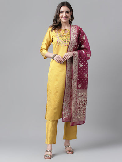 Indyancart RV Women's Art Silk  Embroidered Straight Side Slit Kurta Set With Dupatta