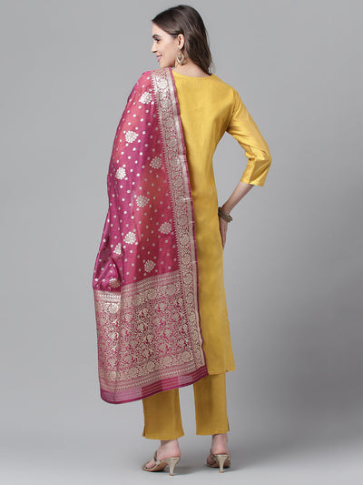 Indyancart RV Women's Art Silk  Embroidered Straight Side Slit Kurta Set With Dupatta