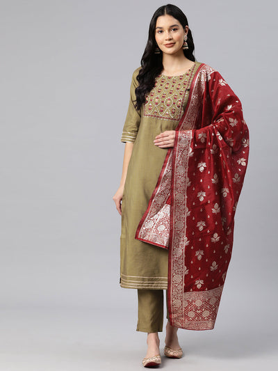 Indyancart RV Women's Beige Art Silk  Heavy Embroidered Kurta Set With Dupatta