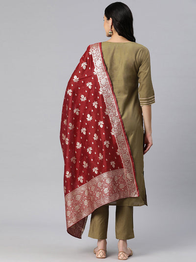 Indyancart RV Women's Beige Art Silk  Heavy Embroidered Kurta Set With Dupatta