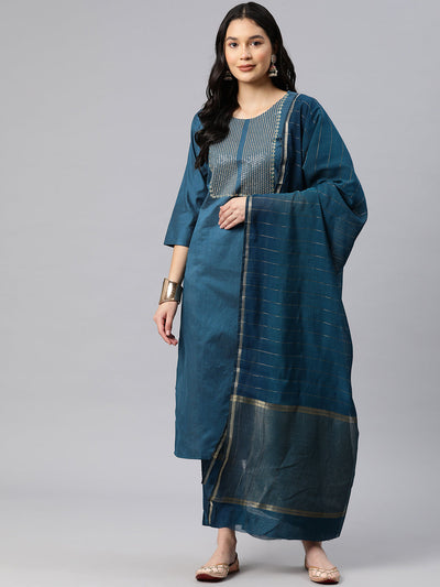 Indyancart RV Women's Blue Sequin Embroidery Kurta Set With Jacquard Dupatta