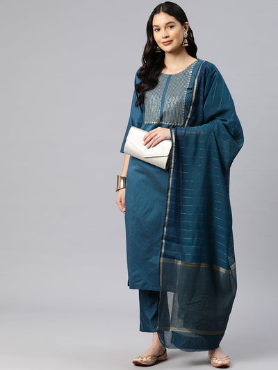 Indyancart RV Women's Blue Sequin Embroidery Kurta Set With Jacquard Dupatta