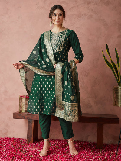 Indyancart RV Women's Chanderi Silk Embroidered Kurta Set With Jacquard Dupatta