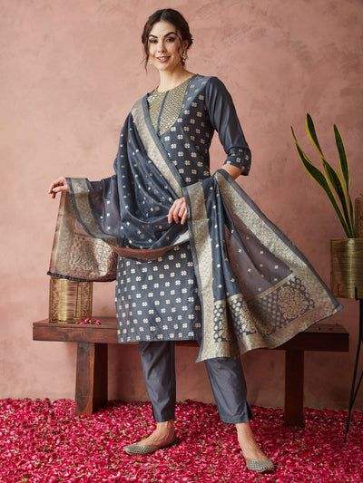 Indyancart RV Women's Sequin Work Chanderi Print Straight Side Slit Kurta Set