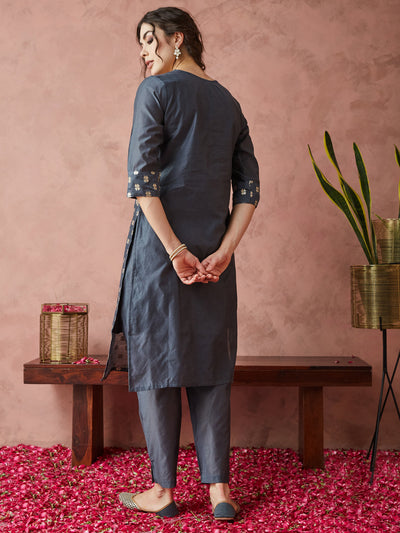 Indyancart RV Women's Sequin Work Chanderi Print Straight Side Slit Kurta Set