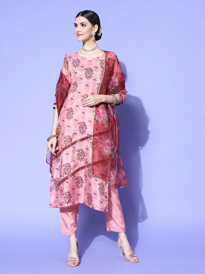 Indyancart RV Women's Silk Chiffon Printed Kurta Set With Dupatta