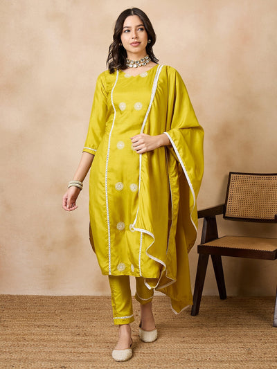 Indyancart RV Women's Sequin Embroidery Straight Side Slit Kurta Set With Dupatta