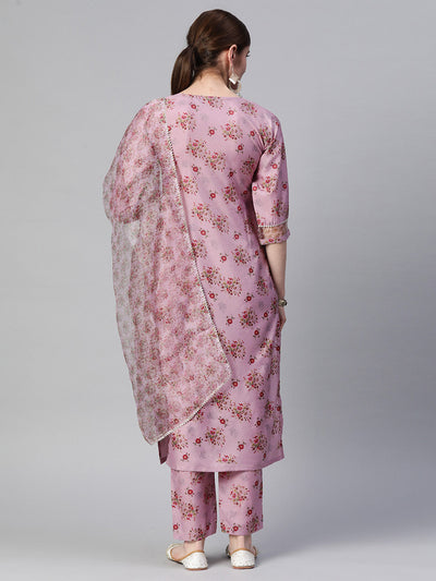 Indyancart RV Women's Silk Chiffon Embroidered Kurta Set With Digital Dupatta