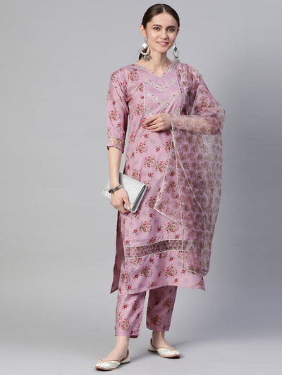 Indyancart RV Women's Silk Chiffon Embroidered Kurta Set With Digital Dupatta