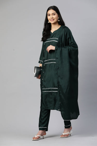 Indyancart RV Women's Embroidered Silk Chiffon Kurta Set With Solid Print Dupatta