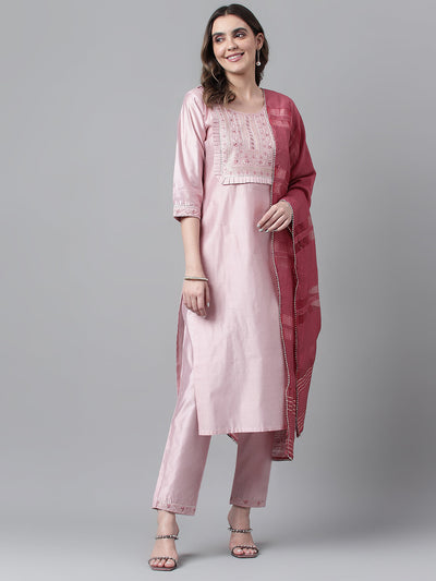 Indyancart RV Women's Art Silk Fabric Embroidered Kurta Set With Dupatta
