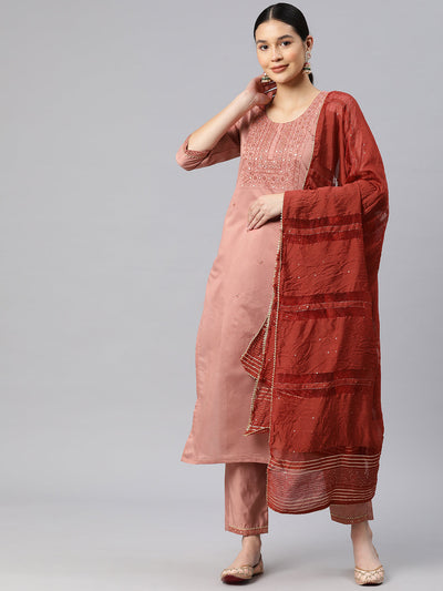 Indyancart RV Women's Art Silk Fabric Embroidered Kurta Set With Dupatta