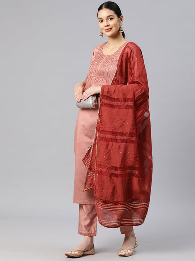 Indyancart RV Women's Art Silk Fabric Embroidered Kurta Set With Dupatta