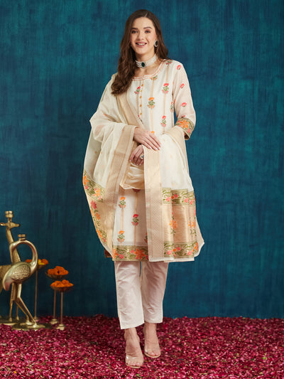 Indyancart RV Women's Cotton Chanderi Fabric Jacquard Print Kurta Set With Dupatta