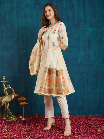 Indyancart RV Women's Cotton Chanderi Fabric Jacquard Print Kurta Set With Dupatta