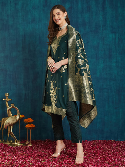 Indyancart RV Women's jacquard Fabric jacquard Print Kurta Set With Dupatta