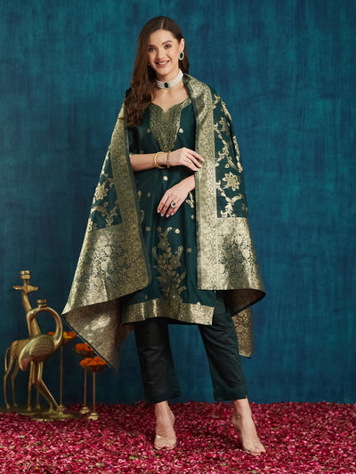 Indyancart RV Women's jacquard Fabric jacquard Print Kurta Set With Dupatta