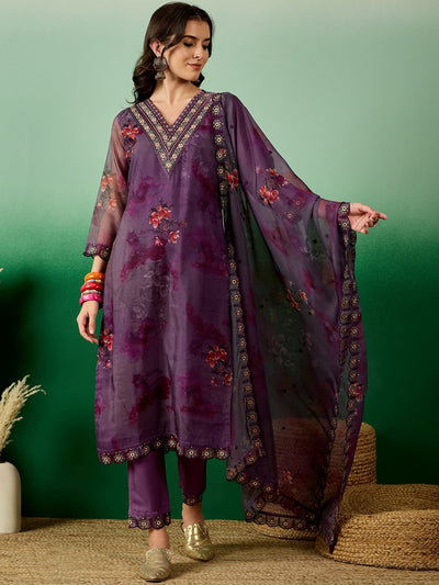 Indyancart RV Women's Organza fabric Digital Print V Neck Kurta Set With Dupatta