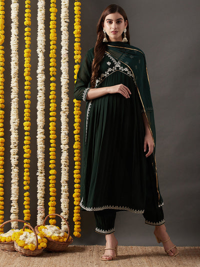 Indyancart RV Women's Faux Georgette Fabric  Embroidered Kurta Set With Dupatta
